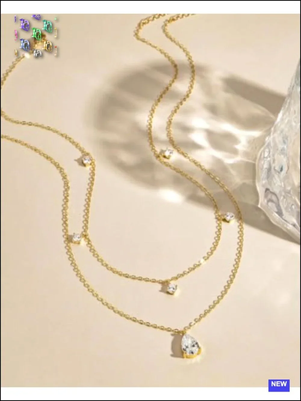 14K Gold Plated Layered Necklace Set with Cubic Zirconia, 2 Separate Chains,